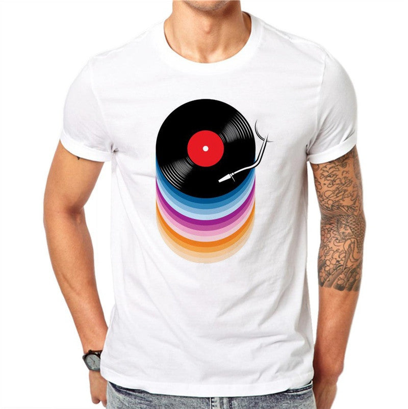 Cotton Vinyl Records Print T-shirts Men Summer Tops Tee Shirt Men O-neck Short Sleeve Fashion Tshirts